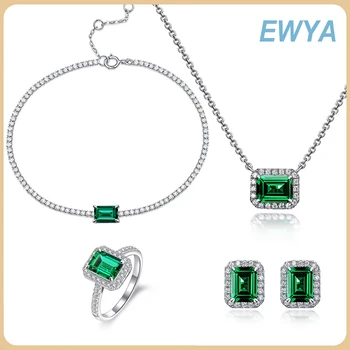 EWYA 1.5 ct Haritud Emerald Kaelakee ja Sõrmuse Lihtne 925 Sterling Hõbe Tsirkoon Käevõru Naiste Kõrvarõngad Osaline ehtekomplekt