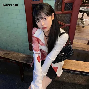 Karrram Korea Fashion Grunge Print Särk Vintage Harajuku Pluusid Kpop Stiilne Disainer Fairycore Y2k Streetwear Jaapani