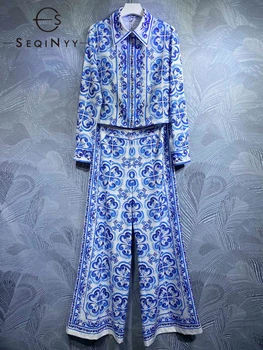 SEQINYY Sitsiilia Sobivad Kevad Sügiseks Uus Mood Disain Naiste Raja High Street Särk + Põletatud Püksid Vintage Blue Flower Print