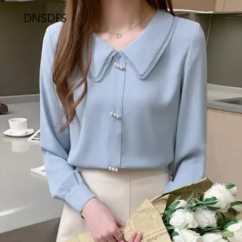 Valge Sinine Särgid Korea Daamid Mood Pikad Varrukad Sifonki Särk, Lihtne Pits Peter Pan Krae Kontori Pluus Naiste Topid Blusas