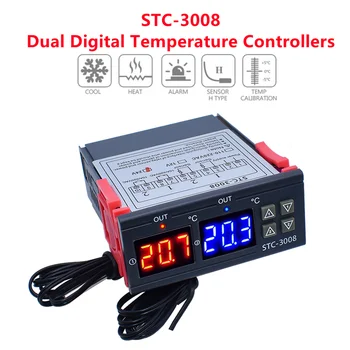 STC-3008 Dual Digital Temperature Controller, Kahe Relee Väljund 12V 24V 220V Thermoregulator Termostaat Küttekeha Külmik Koos Anduriga