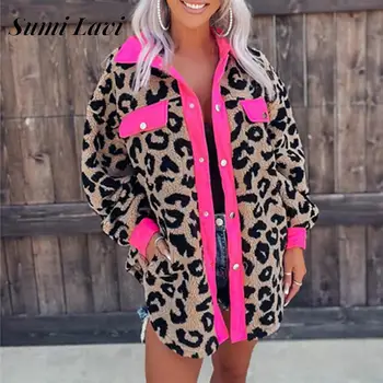 Trend Kontrasti, Värvi Lahtised Naiste Paksud Outwear Sügis-Talve Retro Nuppu Tasku Mantel Casual Naiste Leopard Printida Palus Jope