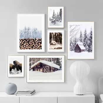 Jõulud Talvel Lumi Metsa Plakat Maastiku Pildid Lõuendile Maali puumaja, Plakatid Põhjamaade Seina Art Pilt Decor Tuba