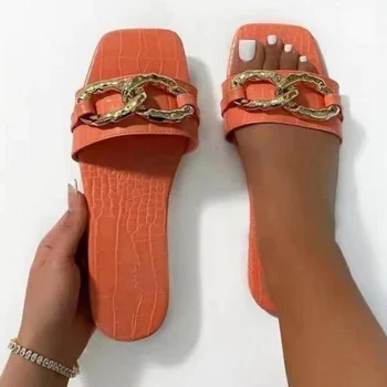 Kuld kett teenetemärgi naiste sussid vabaaja Oranž sandaalid 2021 suvel square varba daamid korter sussid naiste Zapatillas Mujer