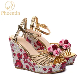 Phoentin wedge platvorm sandaalid lill trükkimine pahkluu lukk kulla naiste kingad, kõrge kontsaga 11cm nahast sandaalid käsitöö FT387