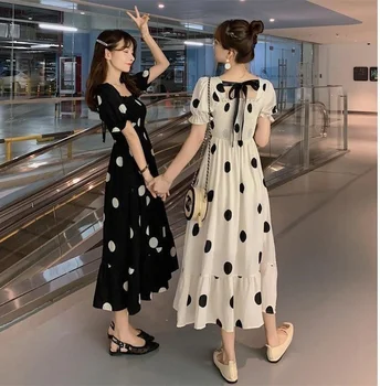 Suvel Uus Kleit Square Kaela Lühikesed Varrukad Kõrge Vöökoht Seelik Slim Fit Korea Versiooni Ins Magus Vintage Tüdrukud Vanuses Vähendamise Kleit