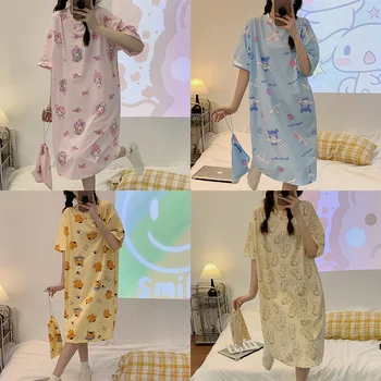 Kawaii Sanrioed Anime Uus Cinnamoroll MyMelody Kuromi KT Kass Cute Cartoon Prindi Lühikesed Varrukad Nightdress Pidžaama Homewear Kingitus