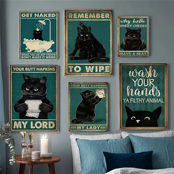 Vaimse Must Kass Vintage Plakat Tere Armas Põsed Naljakas Vannituba Lõuendile Maali Home Decor elutuba Teenetemärgi