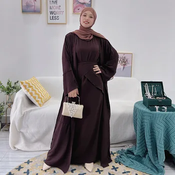 3 Töö Sobitamine Moslemi Komplekti Eid Kortsus Abayas Naiste Dubai Hijab Kleit Avatud Abaya Kimono Wrap Ees Seelik Islami Riided