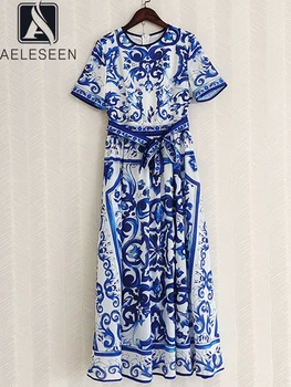 AELESEEN Raja 2022 Suvel Vintage Pikk Kleit Naiste Sinine Valge Portselan Prindi Lühikesed Varrukad Seksikas Elegantne Puhkus Pool