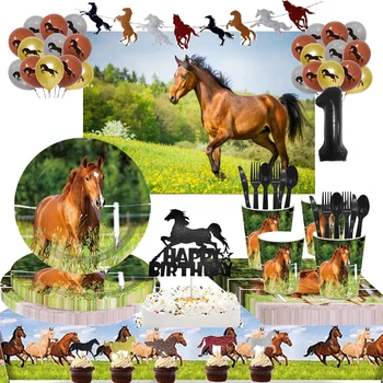 Hobune Väärtus Partei Asjade Pack Komplekt Plaadid Salvrätikud Kahvlid Lauanõud Mitu Õhupalli Taustaks, Mille Bänner Teenib 10 Külalist