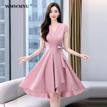 Korea Fashion V Kaelus-Line Plisseeritud Kleit Naiste Suvel Elegantne põlvikud Lühikese Varrukaga Kleidid Pluss Suurus 4Xl Vestidos De Mujer