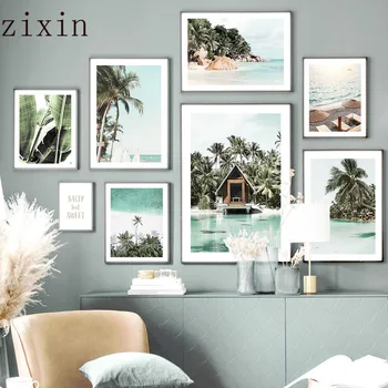 Tropical Beach Mere Palm Kookospähkli Puu Surf PaintingWall Kunsti Lõuend Põhjamaade Plakatid Ja Pildid Seina Pildid Elutuba Decor