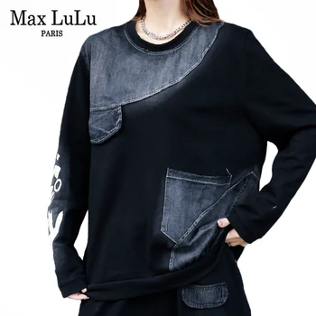 Max LuLu Euroopa Punk Stiilis 2021 Naiste Denim Segast Tshirt Daamid Pikad Varrukad O-Kaeluse Tops Naiste Vabaaja Must Tees Suur Suurus